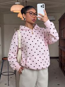 Muchica Pink Knitted Polka Dot Women's Hooded Long Sleeve Pullover Sweatshirt - Pink - View 4