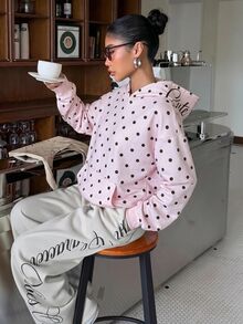Muchica Pink Knitted Polka Dot Women's Hooded Long Sleeve Pullover Sweatshirt - Pink - View 3
