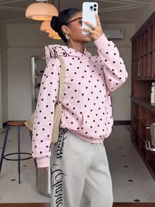 Muchica Pink Knitted Polka Dot Women's Hooded Long Sleeve Pullover Sweatshirt - Pink - View 6