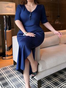 Vibekara Gaun Bodycon Panjang Seksi Ukuran Plus - Royal Blue - View 4