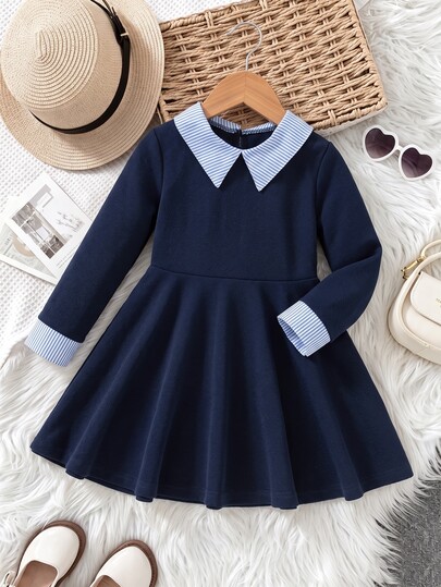 Elladie kids Girls' Spring/Autumn Dress, Navy Blue Body With Striped Collar, Sleeve Cuffs With Matching Striped Fabric, Clean Long Sleeve Design, Naturally Flared Hem, Fresh Academic Style, Sweet And Elegant, Perfect For Daily Wear