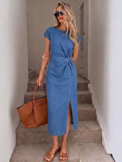 Easowa Women's Summer Casual Knot Front Slit Denim Dress Fall/Winter Elegant Vacation Formal Business Cowgirl Festival Ceremony Blue Basic Casual