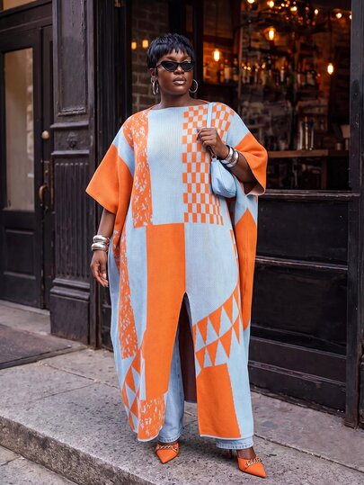 Slaydiva Plus Size Geometric Print Slit Hem Knit Sweater Dress, Casual Elegant Fall Winter Vacation Women, Chic Autumn Outfit Evening Light Blue
