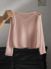 SHEIN Young Girl Young Girl White Knit Winter Cardigan With Frill Trim Autumn - Pink - View 2