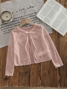 SHEIN Young Girl Young Girl White Knit Winter Cardigan With Frill Trim Autumn - Pink - View 5