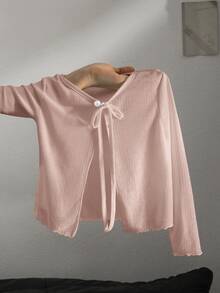 SHEIN Young Girl Young Girl White Knit Winter Cardigan With Frill Trim Autumn - Pink - View 4