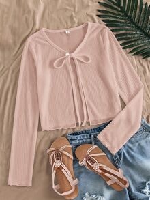 SHEIN Young Girl Young Girl White Knit Winter Cardigan With Frill Trim Autumn - Pink - View 1