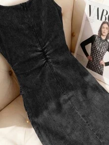 SHEIN MOD 女款夏季休閒無袖修身牛仔洋裝 - 黑色 - 查看 6
