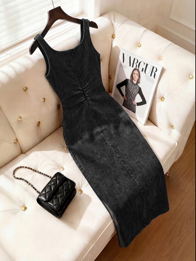 SHEIN MOD Gaun Denim Tanpa Lengan Pas Badan Kasual Musim Panas Wanita - Hitam - View 2