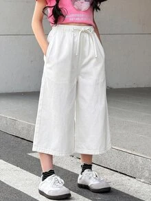 SHEIN Tween Girl Casual Versatile Kids Solid Color Wide Leg Jeans - White - View 4