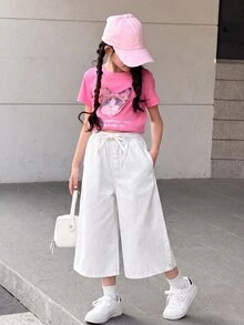 SHEIN Tween Girl Casual Versatile Kids Solid Color Wide Leg Jeans - White - View 3