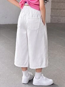 SHEIN Tween Girl Casual Versatile Kids Solid Color Wide Leg Jeans - White - View 2