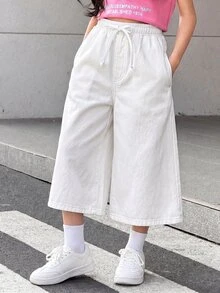 SHEIN Tween Girl Casual Versatile Kids Solid Color Wide Leg Jeans - White - View 5