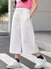 SHEIN Tween Girl Casual Versatile Kids Solid Color Wide Leg Jeans - White - View 1