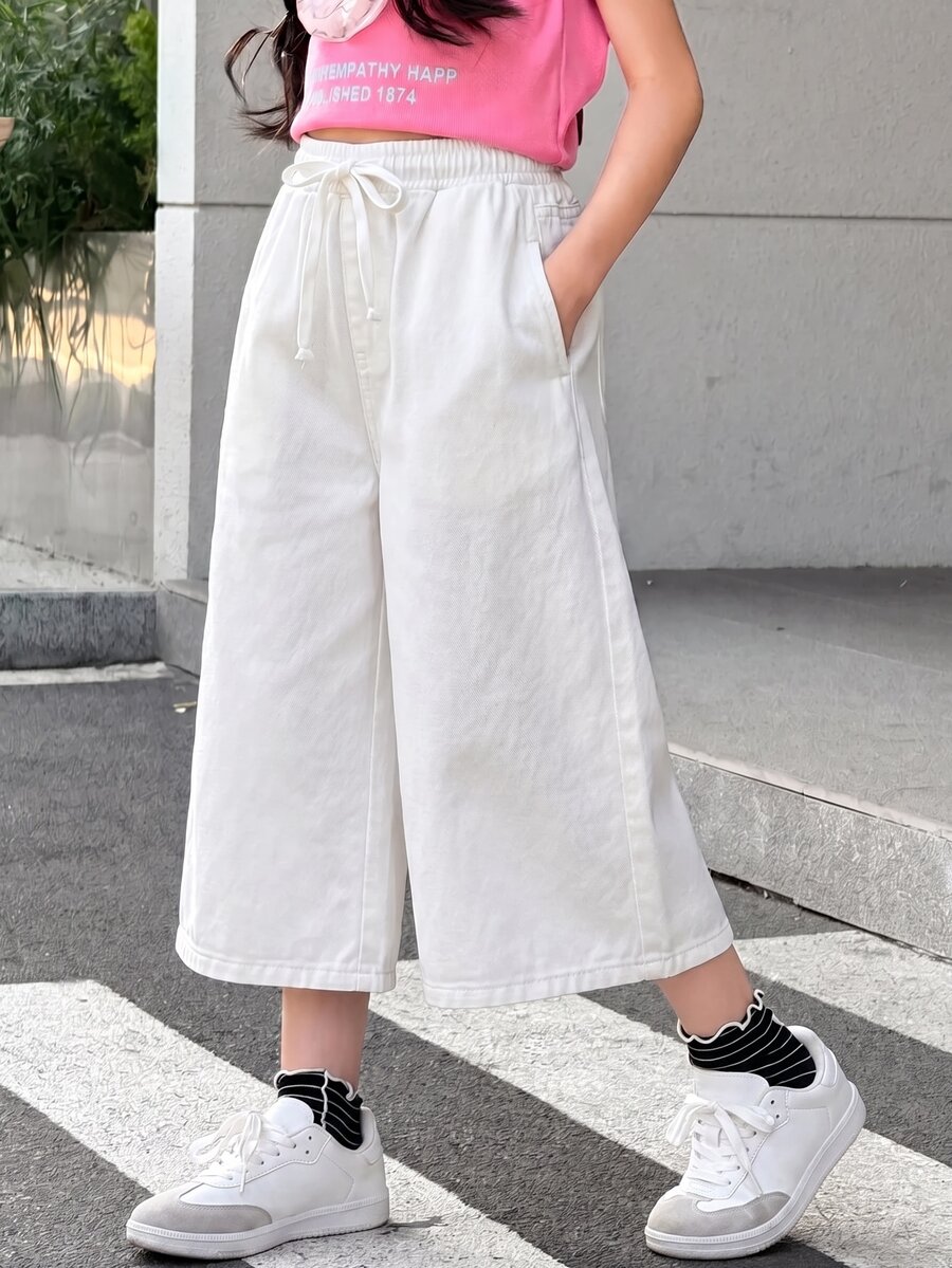 SHEIN Tween Girl Casual Versatile Kids Solid Color Wide Leg Jeans - White - View 1