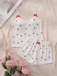 SHEIN MOD Casual Young Women White Rib Knit Sleeveless Pajama Short Set With Graphic Bow Print And Textured Details Regular Length - White - View 1