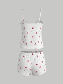 SHEIN MOD Casual Young Women White Rib Knit Sleeveless Pajama Short Set With Graphic Bow Print And Textured Details Regular Length - White - View 3