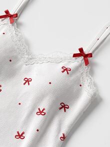 SHEIN MOD Casual Young Women White Rib Knit Sleeveless Pajama Short Set With Graphic Bow Print And Textured Details Regular Length - White - View 4