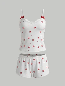 SHEIN MOD Casual Young Women White Rib Knit Sleeveless Pajama Short Set With Graphic Bow Print And Textured Details Regular Length - White - View 2