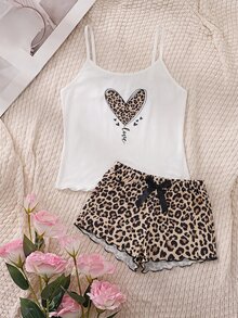 SHEIN MOD 女士心形豹纹荷叶边吊带背心和短裤睡衣套装 - 彩色 - 查看 1