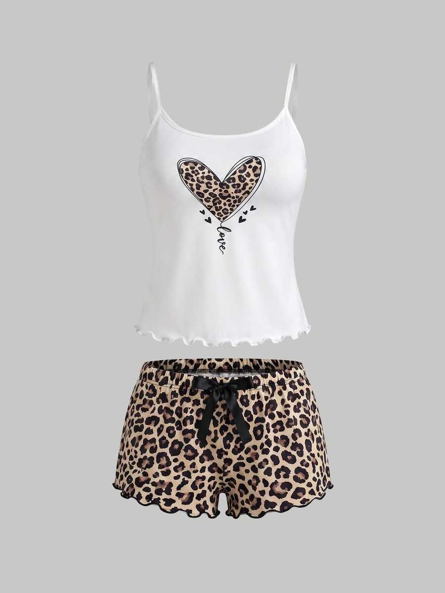 SHEIN MOD Women's Heart And Leopard Print Ruffle Trim Camisole And Shorts Pajama Set - Multicolor - View 1