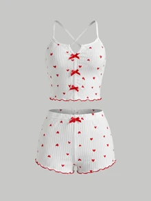 SHEIN MOD Conjunto de pijama con estampado de corazón, ribete de lechuga y lazo frontal / Conjunto de pijama Juego de blanco - Blanco - Ver 2