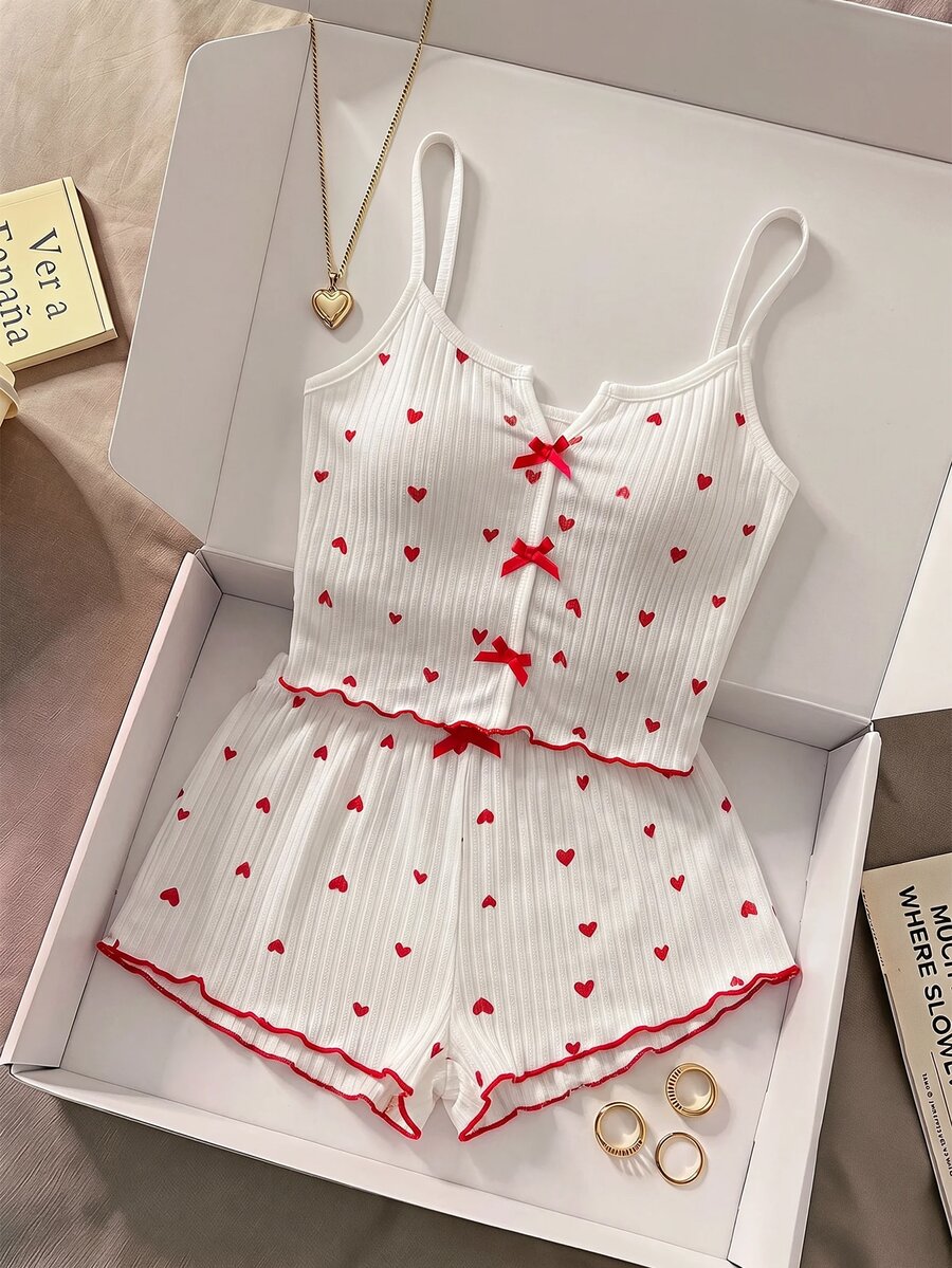 SHEIN MOD Conjunto de pijama con estampado de corazón, ribete de lechuga y lazo frontal / Conjunto de pijama Juego de blanco - Blanco - Ver 1