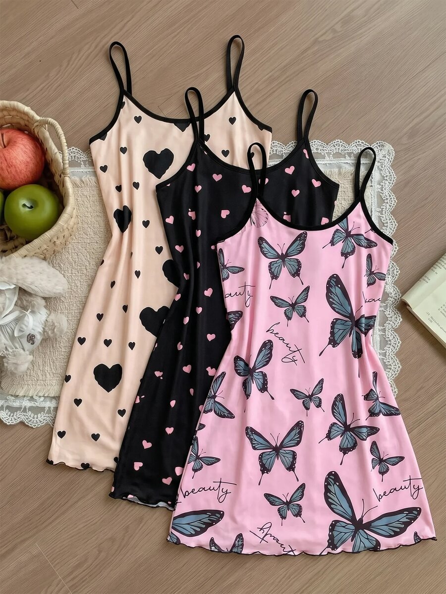 SHEIN MOD 3件套女士爱心蝴蝶结印花针织吊带睡衣套装 - 彩色 - 查看 1