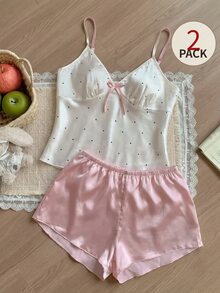 SHEIN MOD 缎面可爱圆点印花吊带背心和短裤女士睡衣套装 - 粉色 - 查看 1
