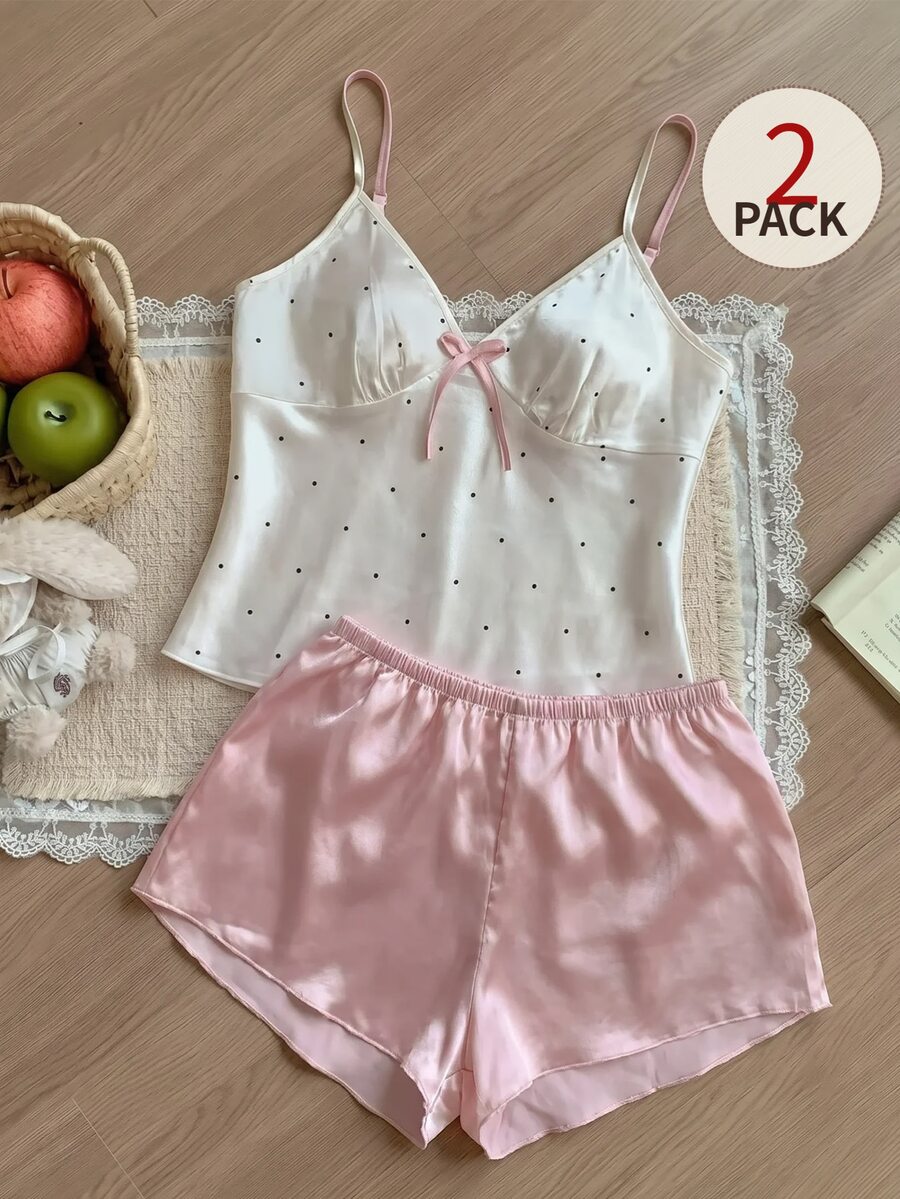 SHEIN MOD 缎面可爱圆点印花吊带背心和短裤女士睡衣套装 - 粉色 - 查看 1