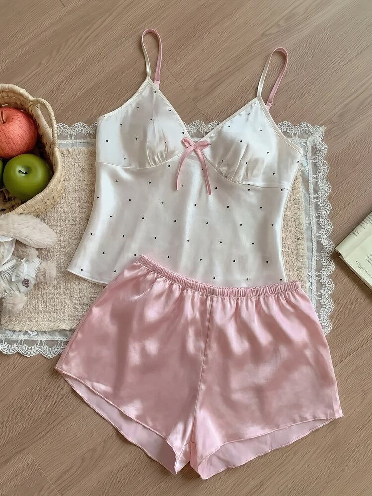 SHEIN MOD 缎面可爱圆点印花吊带背心和短裤女士睡衣套装 - 粉色 - 查看 6