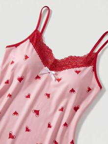 SHEIN MOD Lace Trimmed Heart Print Cami Sleep Dress - Pink - View 4