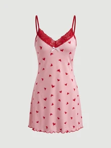 SHEIN MOD Lace Trimmed Heart Print Cami Sleep Dress - Pink - View 2