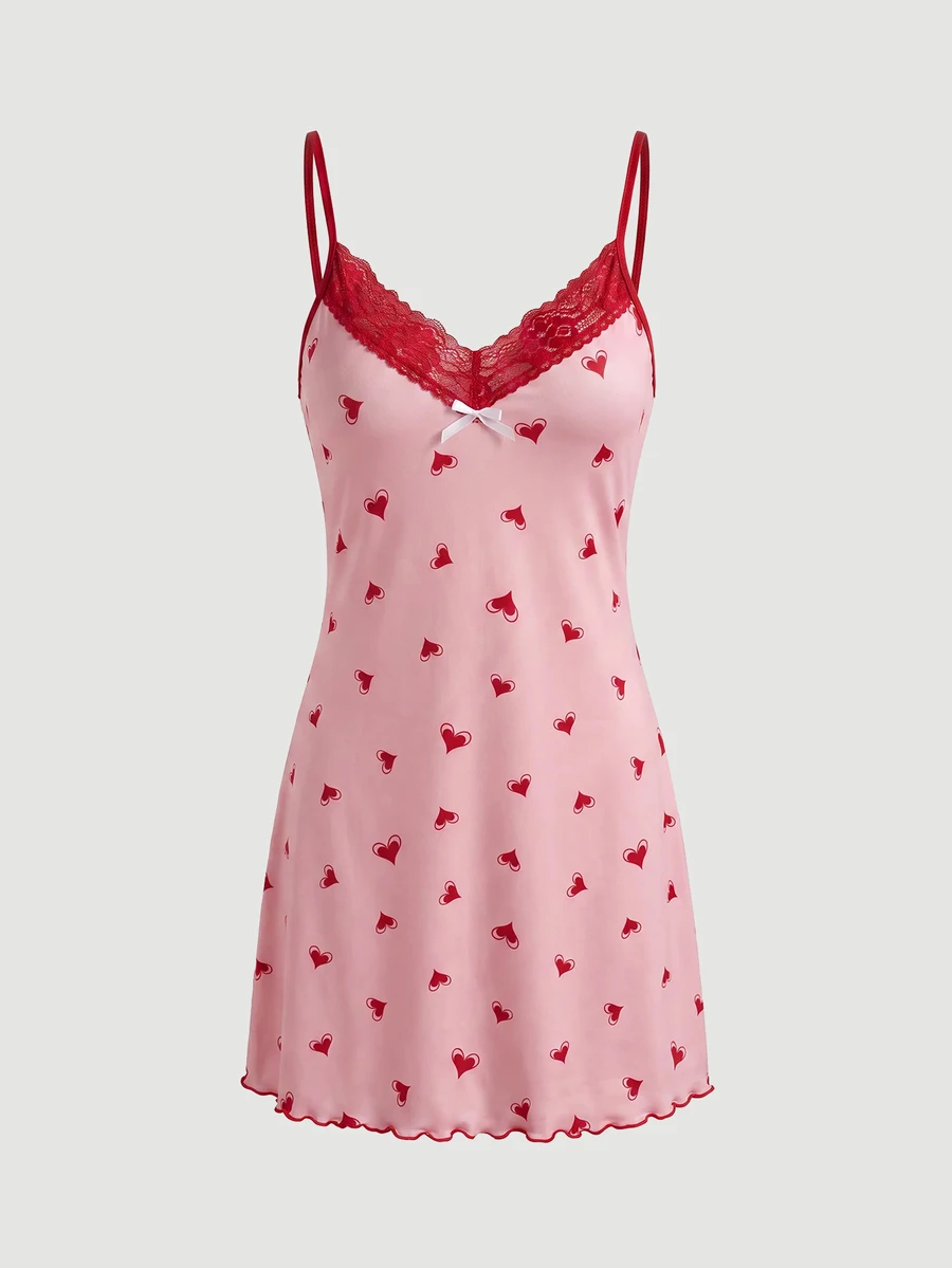SHEIN MOD Lace Trimmed Heart Print Cami Sleep Dress - Pink - View 1
