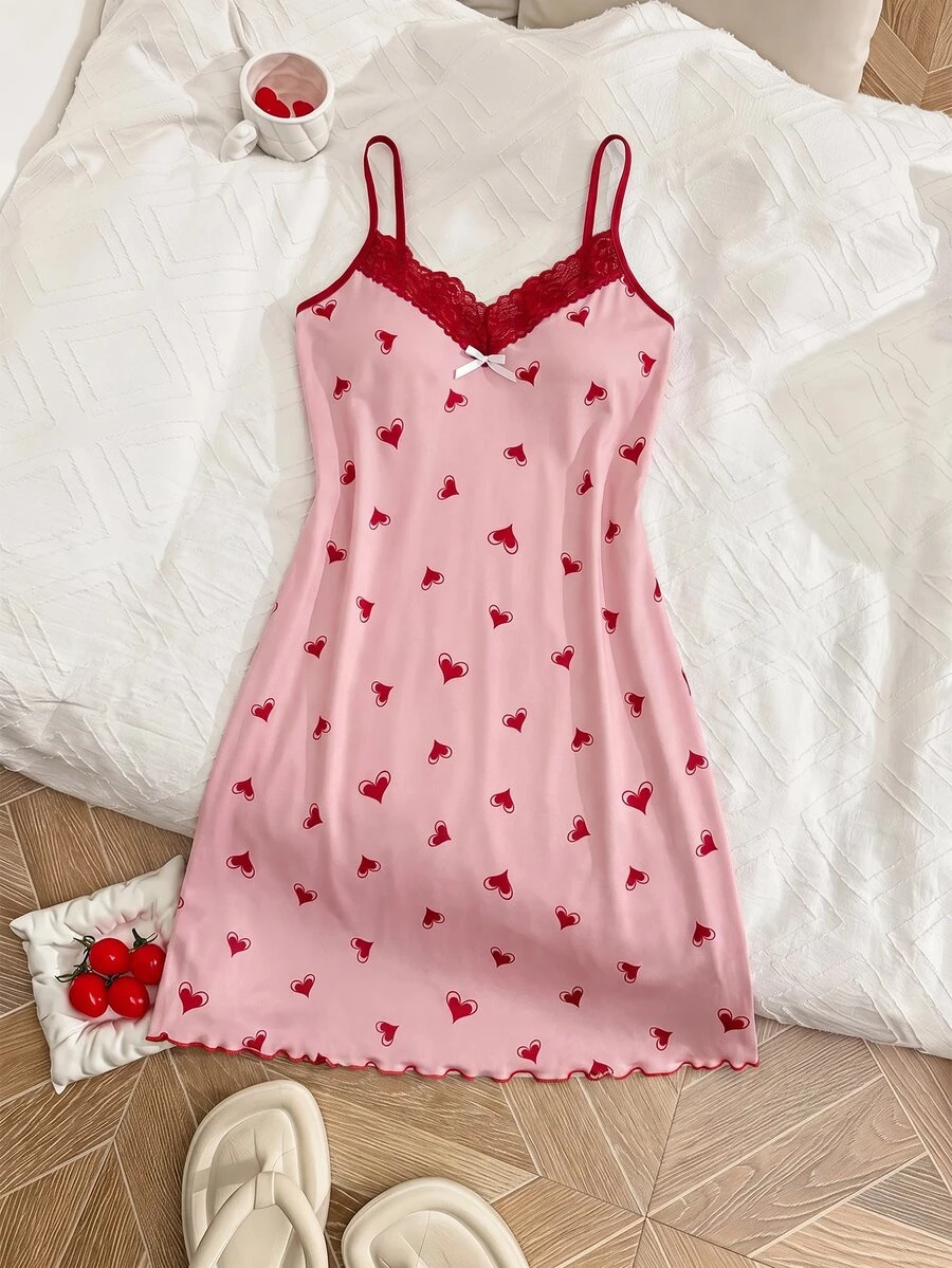 SHEIN MOD Lace Trimmed Heart Print Cami Sleep Dress - Pink - View 1