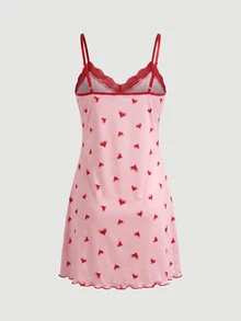 SHEIN MOD Lace Trimmed Heart Print Cami Sleep Dress - Pink - View 3
