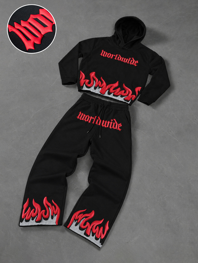 Manfinity Roghcode Men's Streetwear Hot-Selling INS Style Flame English Letter Puff Print Daily Outfit Boyfriend Husband Gift Anniversary Gift Black Hoodie Sweatshirt Set