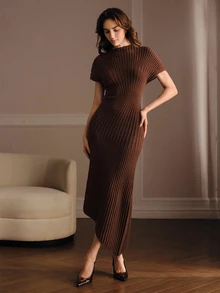 Anewsta Spring/Autumn Elegant Women's Half-High Neck Knitted Long Dress, Slim Fit Solid Color Commuter Versatile Holiday Dress - Coffee Brown - View 4