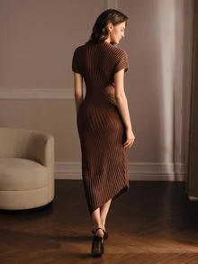 Anewsta Spring/Autumn Elegant Women's Half-High Neck Knitted Long Dress, Slim Fit Solid Color Commuter Versatile Holiday Dress - Coffee Brown - View 7