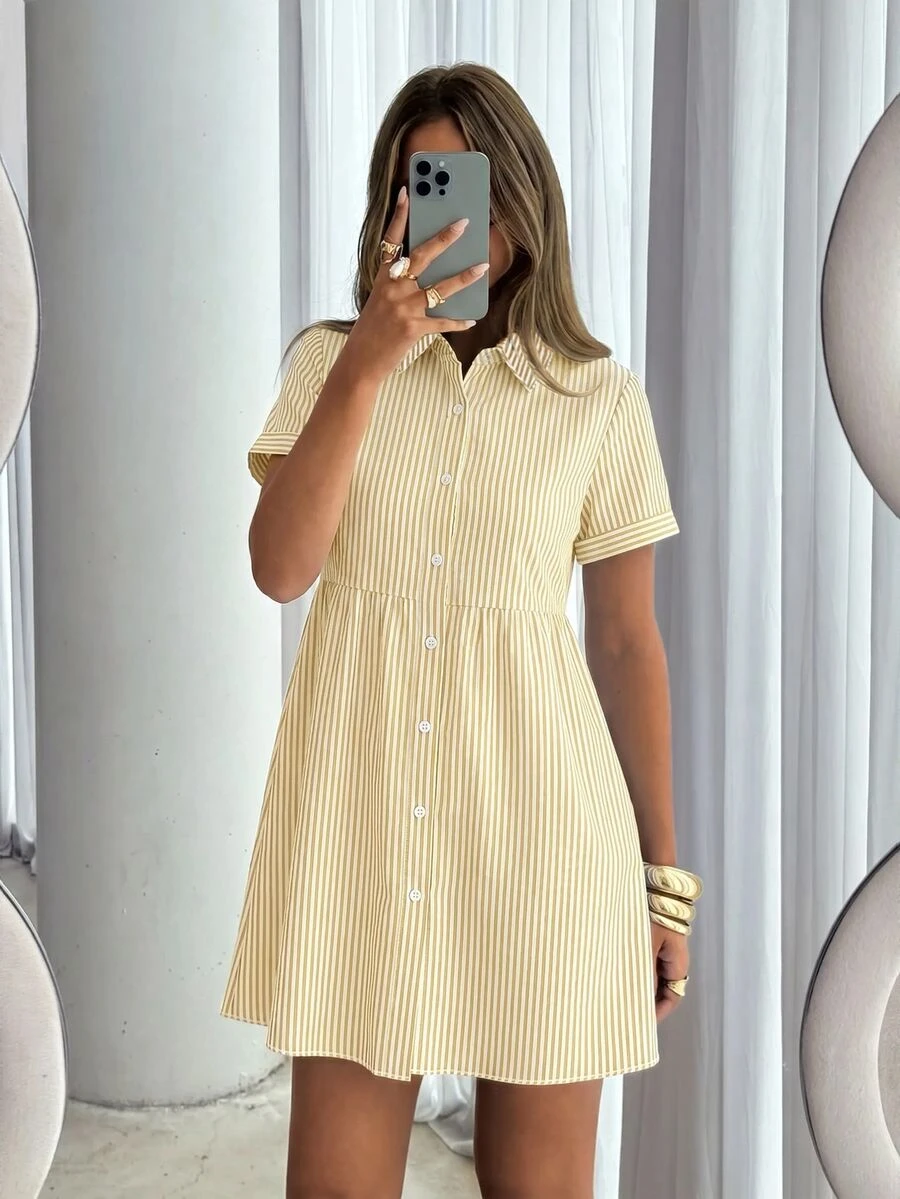 Siren Gaze Women's White Pleated Casual Daily Wear Dress Vacation Summer - Light Yellow - View 1