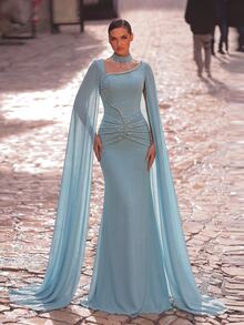 Aureia Elegant Formal Sky Blue Chiffon Splice Rhinestone Detachable Collar Mermaid Hem Prom Rehearsal Dinner Dress Wedding Guest Party Fall New Year - Blue - View 5
