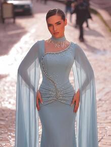 Aureia Elegant Formal Sky Blue Chiffon Splice Rhinestone Detachable Collar Mermaid Hem Prom Rehearsal Dinner Dress Wedding Guest Party Fall New Year - Blue - View 2