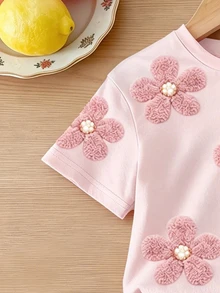 SHEIN 2pcs/Set Casual Fashionable Versatile Spring/Summer Young Girls T-Shirt Set. Featuring A Sweet Pink Floral Pattern Top With A Relaxed Round Neck Short Sleeve Design, Paired With Bike Shorts. A Comfortable And Stylish Spring/Summer Outfit Set For Young Girls. - Multicolor - View 7