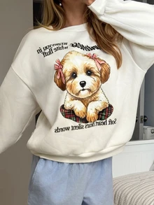 CovetEZ Women's Slogan Dog Print Crew Neck Long Sleeve Loose Casual Cute Cute Sweatshirt Everyday House White Autumn School Graduation College - Beige - View 5