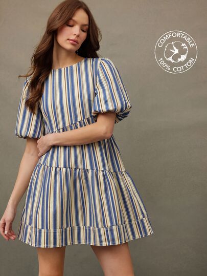 WESTFADE Vestido Mini Denim Assimétrico com Camadas e Manga Pétala, Look Denim para Menina