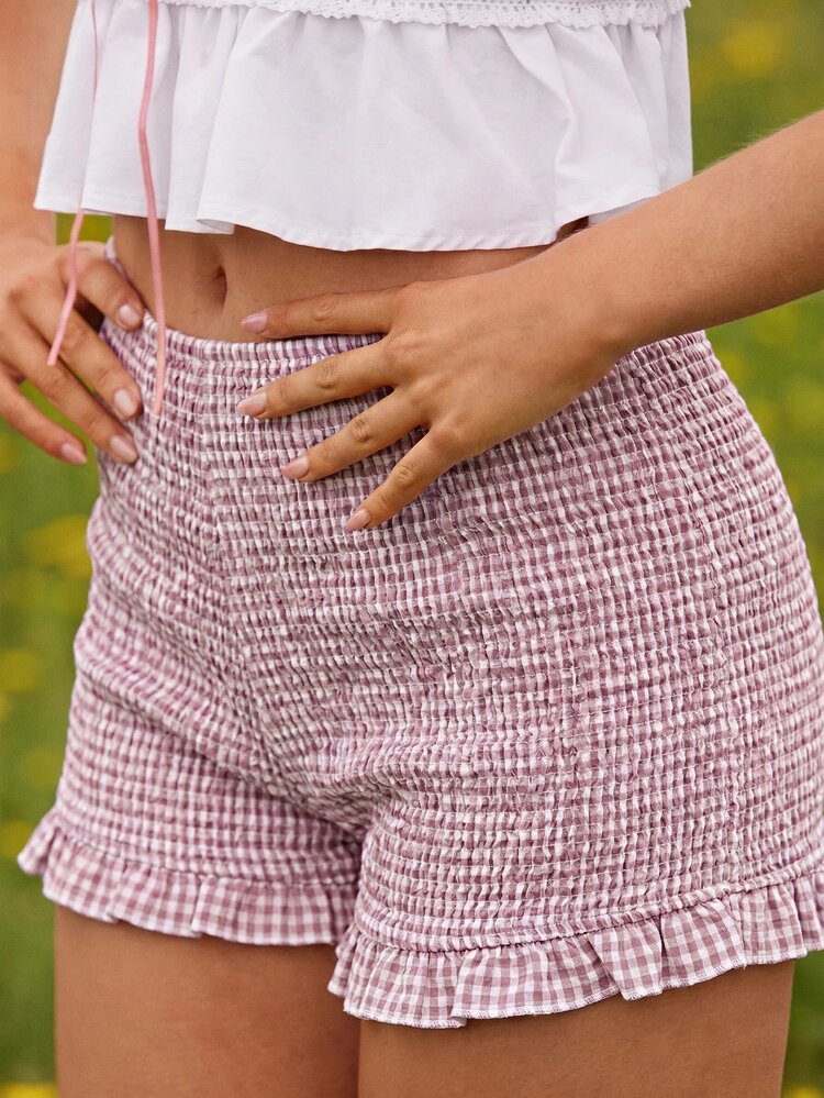 WESTFADE Cotton Blend Plaid Mid-Waist Elastic Ruffle Hem Bohemian Style Super Short Panties - Pink - View 3