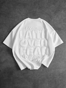 PAVTROS Men's White Summer Streetwear City Break Faith Over Fear 3D Foil Print Letter Casual T-Shirt,Slogan Drop Shoulder Graphic Tee For Daily Wear & Gift - White - View 3