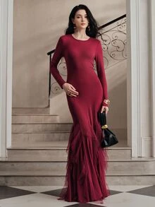 Anewsta Autumn/Winter Elegant Maroon Long Sleeve Ruffle Hem Fitted Dress For Women - Red - View 5