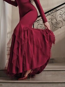 Anewsta Autumn/Winter Elegant Maroon Long Sleeve Ruffle Hem Fitted Dress For Women - Red - View 2