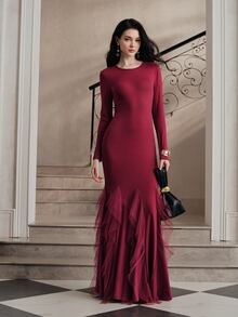 Anewsta Autumn/Winter Elegant Maroon Long Sleeve Ruffle Hem Fitted Dress For Women - Red - View 3